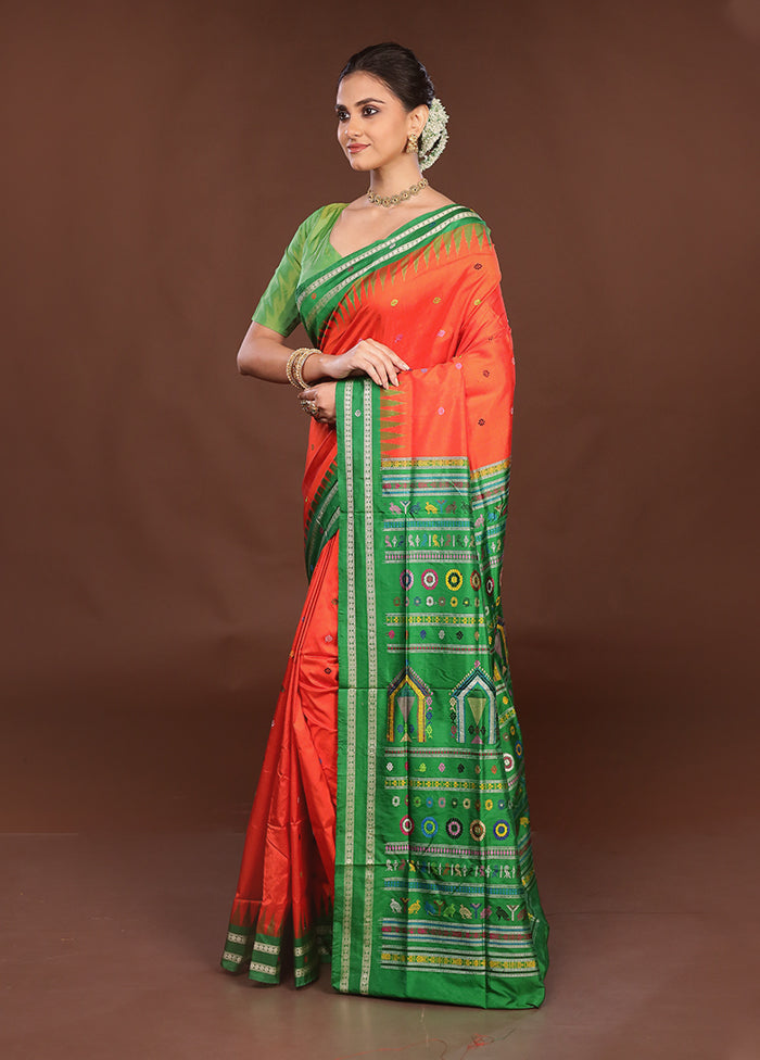 Red Handloom Bomkai Pure Silk Saree With Blouse Piece