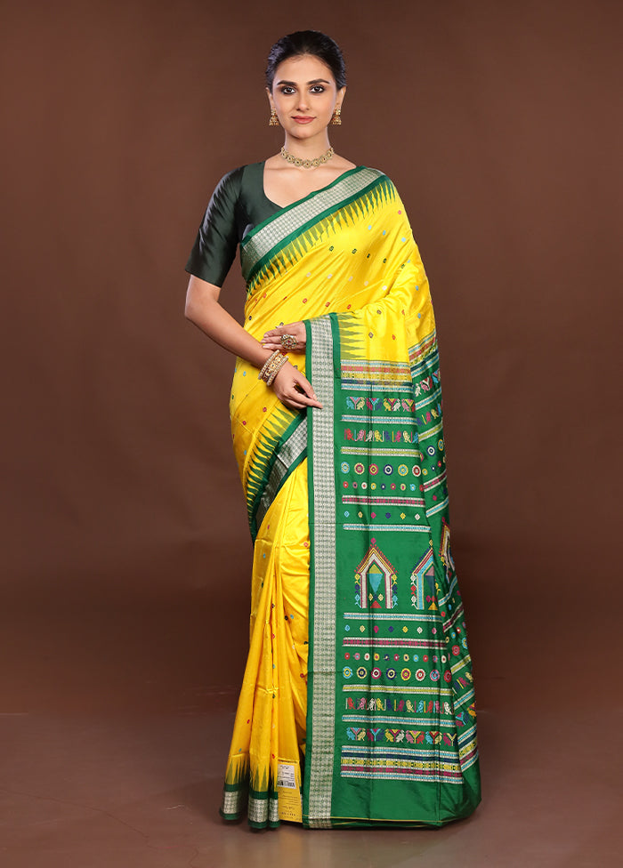 Yellow Handloom Bomkai Pure Silk Saree With Blouse Piece