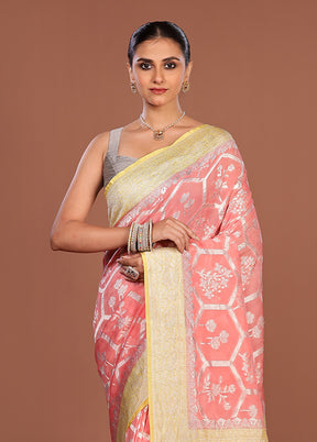 Pink Handloom Pure Georgette Saree With Blouse Piece