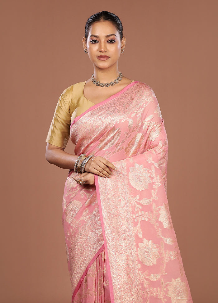 Pink Handloom Pure Georgette Saree With Blouse Piece