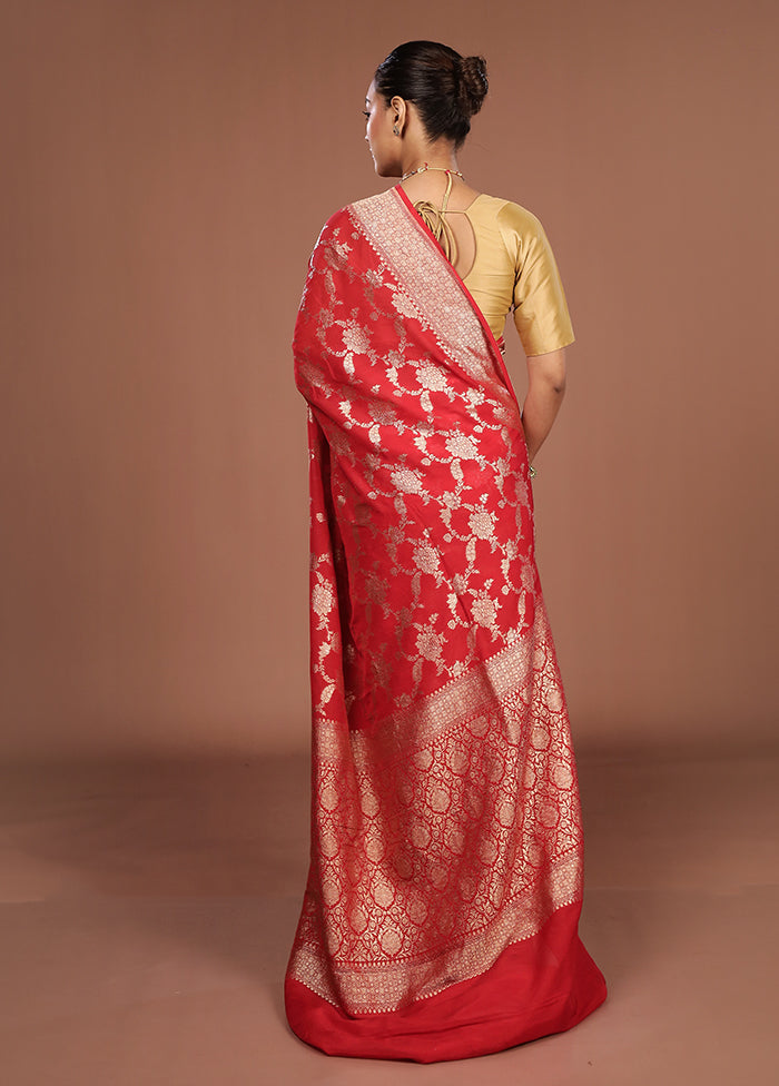 Red Handloom Pure Georgette Saree With Blouse Piece