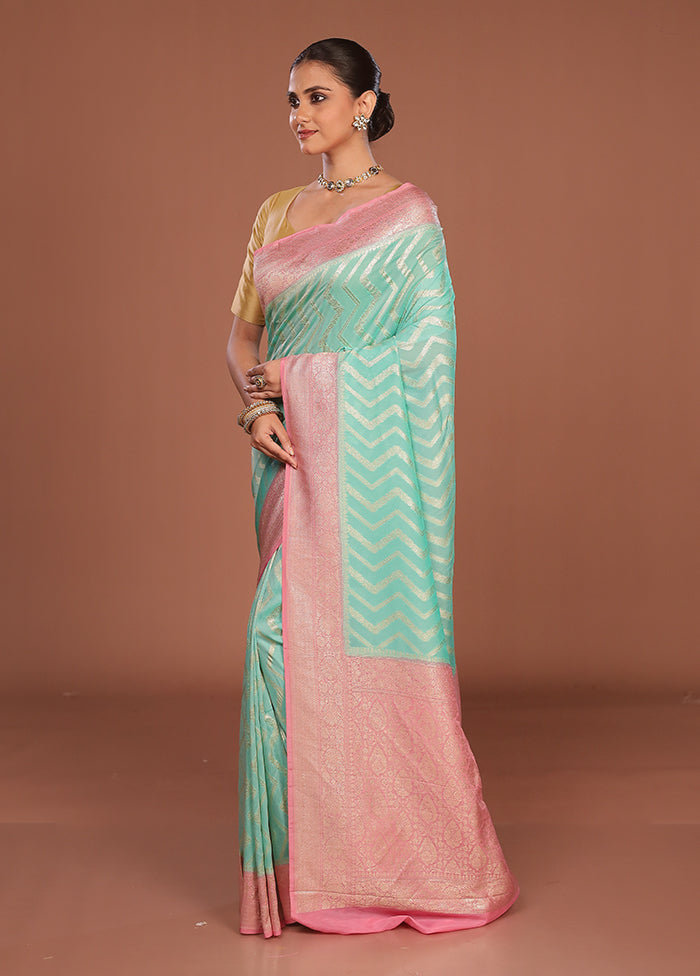 Green Handloom Pure Georgette Saree With Blouse Piece