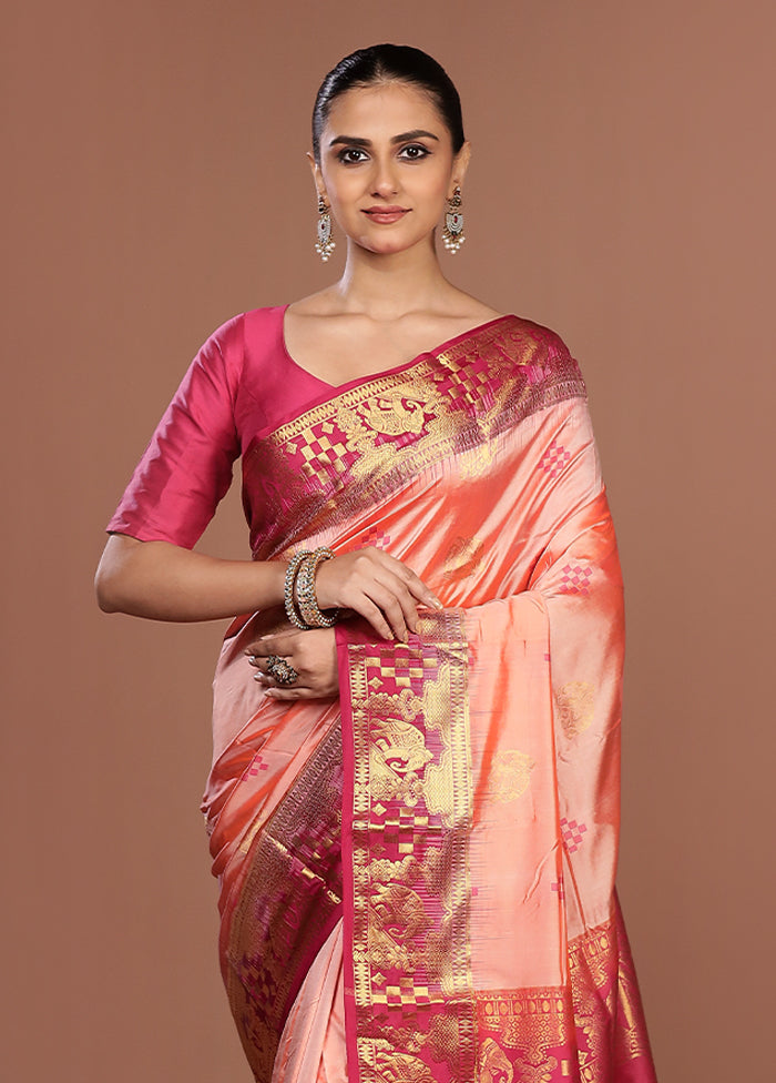 Pink Handloom Kanjivaram Pure Silk Saree With Blouse Piece