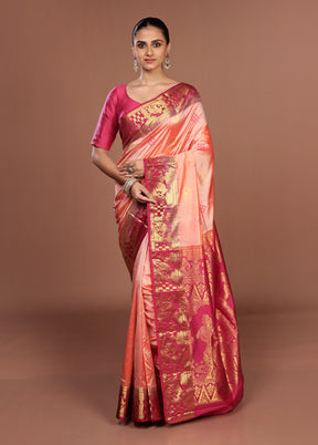Pink Handloom Kanjivaram Pure Silk Saree With Blouse Piece