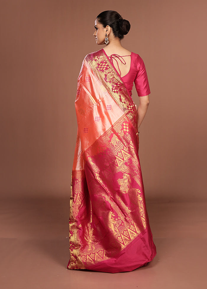 Pink Handloom Kanjivaram Pure Silk Saree With Blouse Piece