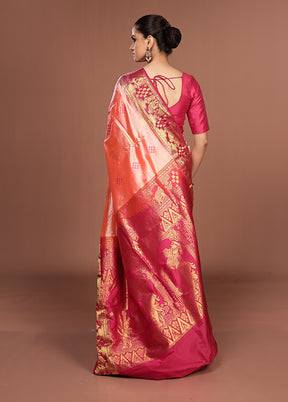 Pink Handloom Kanjivaram Pure Silk Saree With Blouse Piece