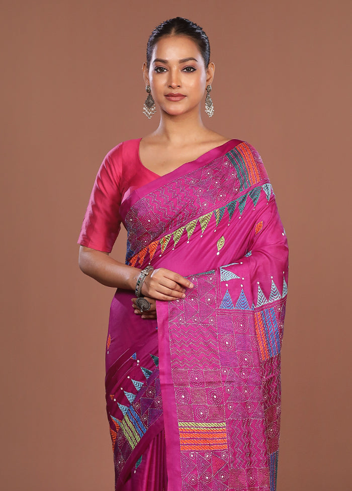 Purple Kantha Stitch Silk Saree With Blouse Piece