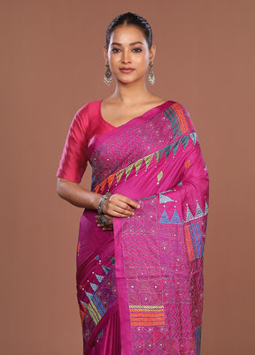 Purple Kantha Stitch Silk Saree With Blouse Piece