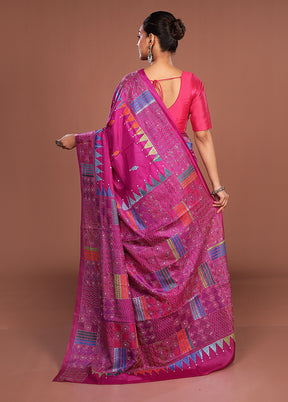Purple Kantha Stitch Silk Saree With Blouse Piece