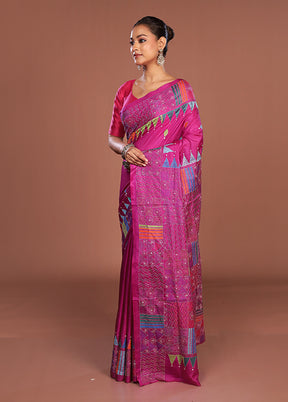 Purple Kantha Stitch Silk Saree With Blouse Piece