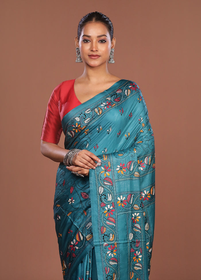 Green Kantha Stitch Silk Saree With Blouse Piece