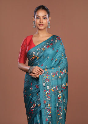 Green Kantha Stitch Silk Saree With Blouse Piece