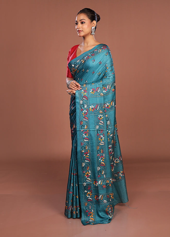 Green Kantha Stitch Silk Saree With Blouse Piece