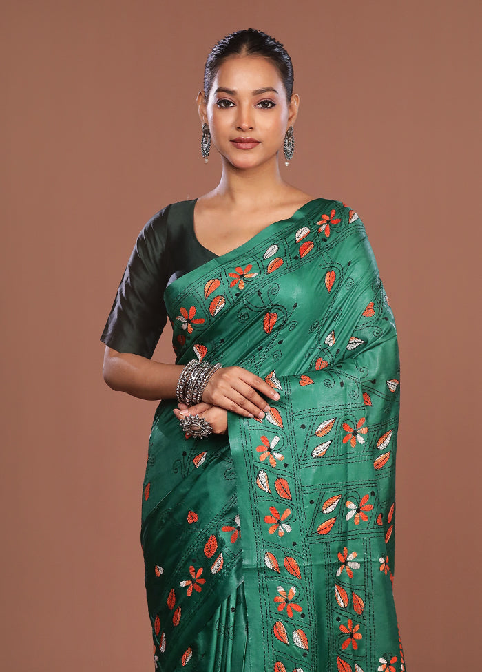 Green Kantha Stitch Silk Saree With Blouse Piece