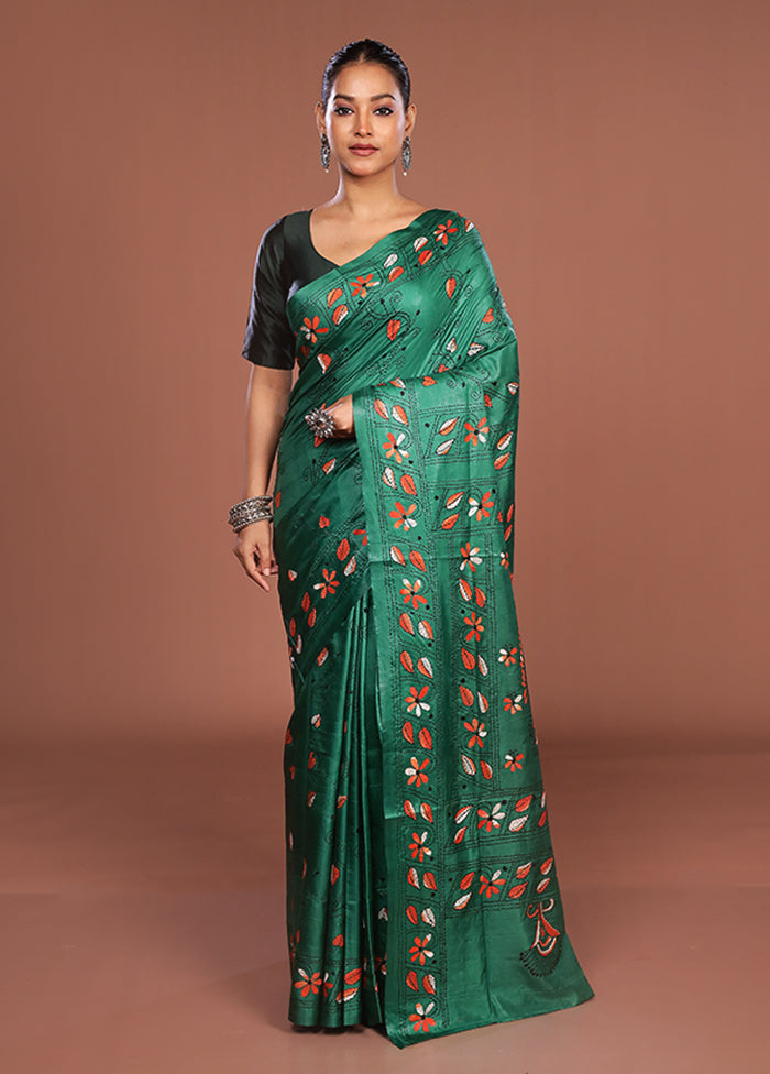 Green Kantha Stitch Silk Saree With Blouse Piece