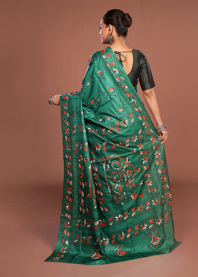 Green Kantha Stitch Silk Saree With Blouse Piece