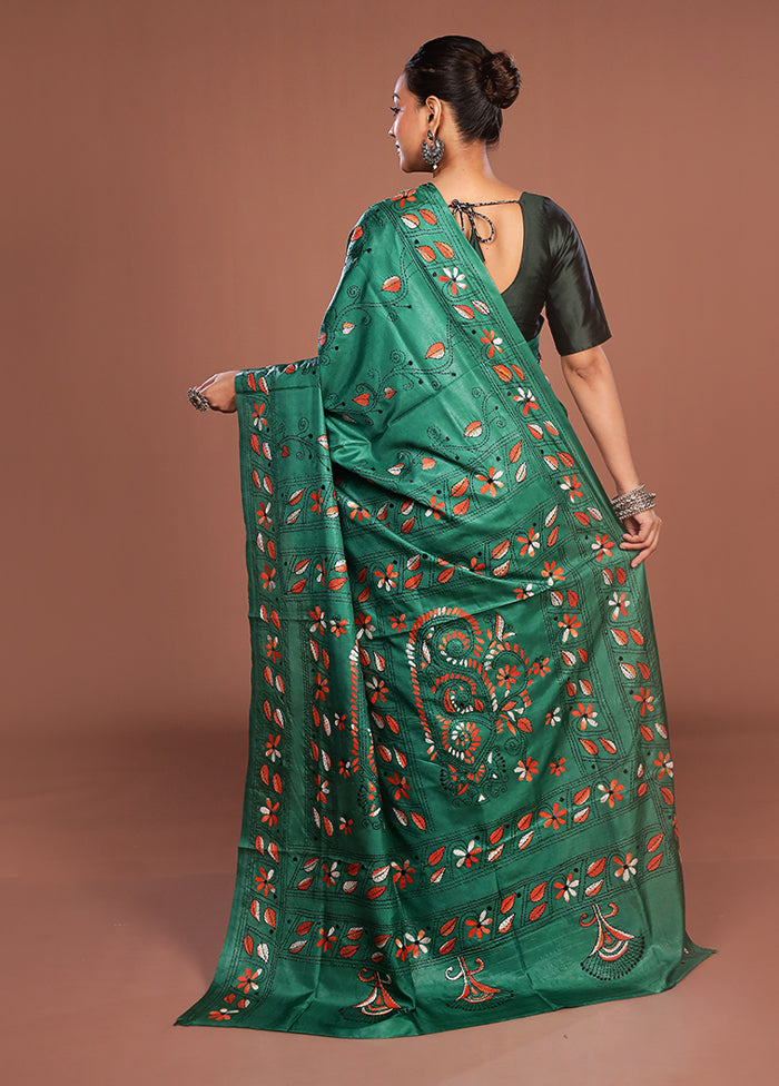 Green Kantha Stitch Silk Saree With Blouse Piece