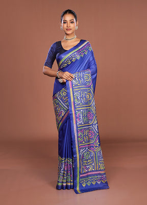 Blue Kantha Stitch Silk Saree With Blouse Piece