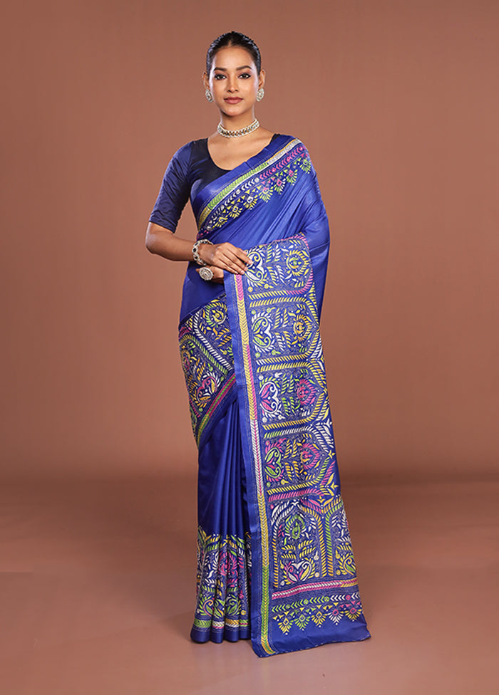 Blue Kantha Stitch Silk Saree With Blouse Piece