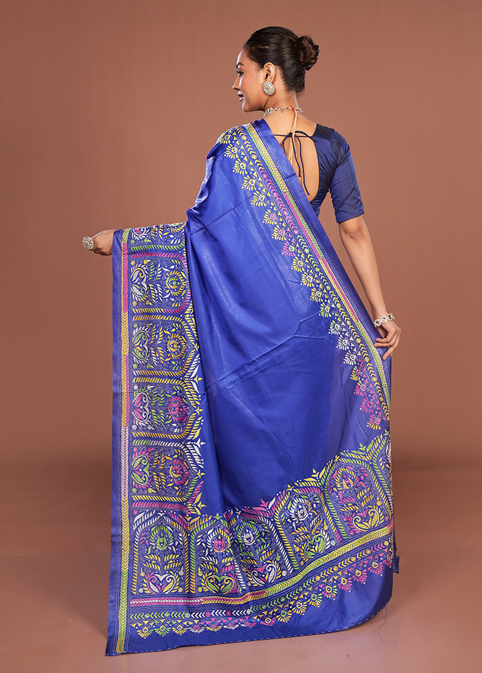 Blue Kantha Stitch Silk Saree With Blouse Piece