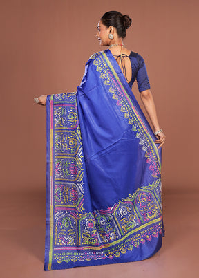 Blue Kantha Stitch Silk Saree With Blouse Piece