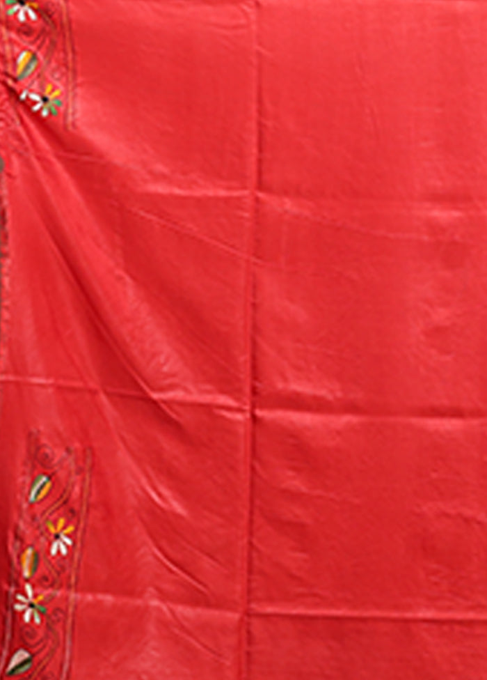 Red Kantha Stitch Silk Saree With Blouse Piece