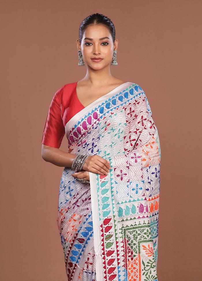 White Kantha Stitch Silk Saree With Blouse Piece
