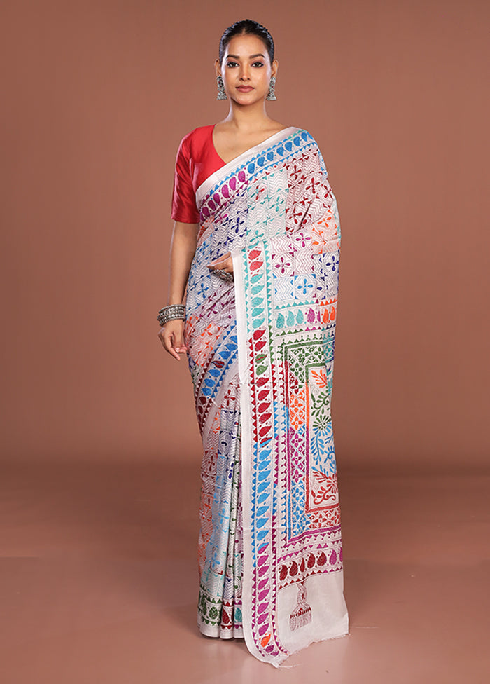 White Kantha Stitch Silk Saree With Blouse Piece
