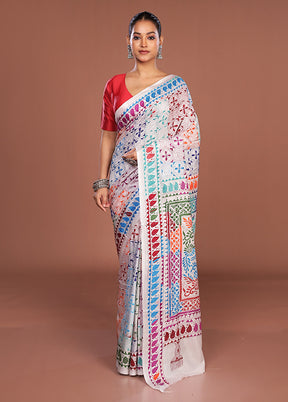 White Kantha Stitch Silk Saree With Blouse Piece