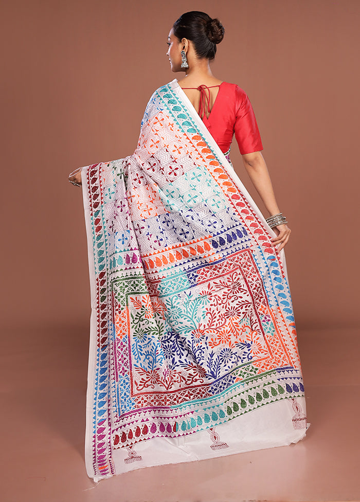 White Kantha Stitch Silk Saree With Blouse Piece
