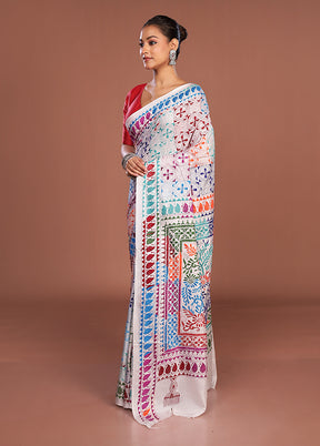 White Kantha Stitch Silk Saree With Blouse Piece