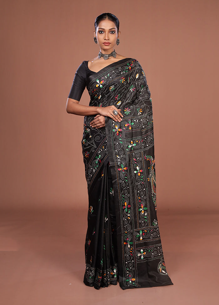 Black Kantha Stitch Silk Saree With Blouse Piece