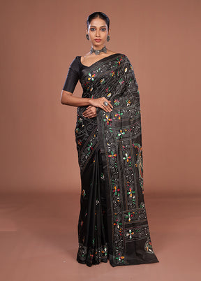 Black Kantha Stitch Silk Saree With Blouse Piece