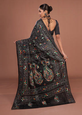 Black Kantha Stitch Silk Saree With Blouse Piece