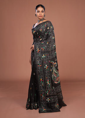 Black Kantha Stitch Silk Saree With Blouse Piece