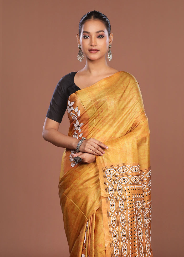 Yellow Kantha Stitch Silk Saree With Blouse Piece