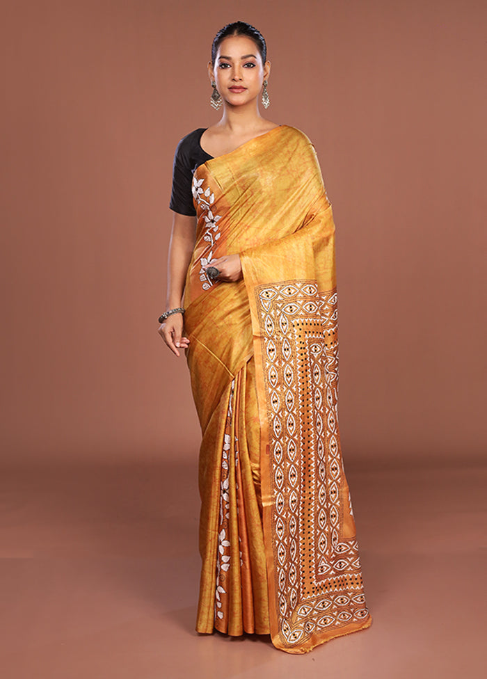 Yellow Kantha Stitch Silk Saree With Blouse Piece