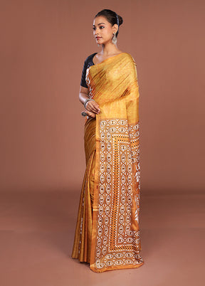 Yellow Kantha Stitch Silk Saree With Blouse Piece