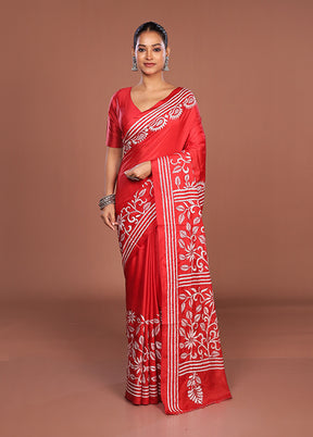 Red Kantha Stitch Silk Saree With Blouse Piece