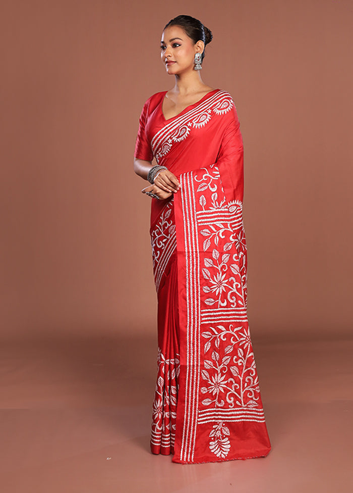 Red Kantha Stitch Silk Saree With Blouse Piece