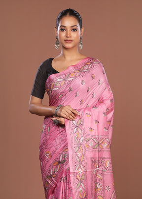 Pink Kantha Stitch Silk Saree With Blouse Piece
