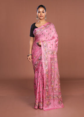 Pink Kantha Stitch Silk Saree With Blouse Piece