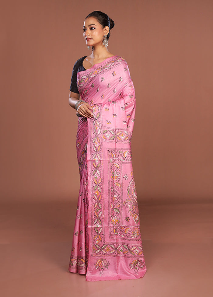 Pink Kantha Stitch Silk Saree With Blouse Piece