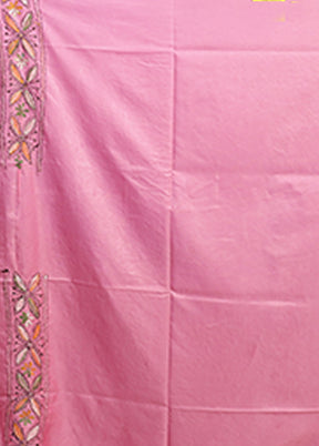 Pink Kantha Stitch Silk Saree With Blouse Piece