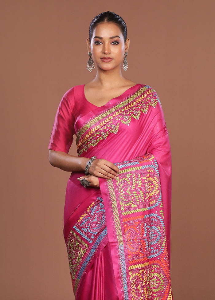 Pink Kantha Stitch Silk Saree With Blouse Piece