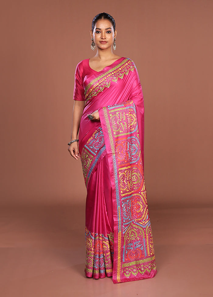 Pink Kantha Stitch Silk Saree With Blouse Piece