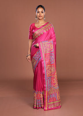 Pink Kantha Stitch Silk Saree With Blouse Piece
