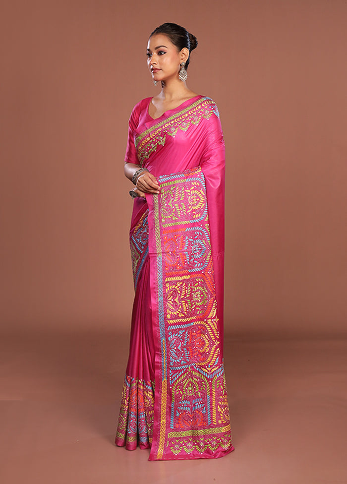 Pink Kantha Stitch Silk Saree With Blouse Piece
