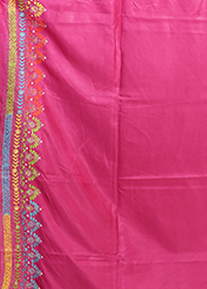 Pink Kantha Stitch Silk Saree With Blouse Piece
