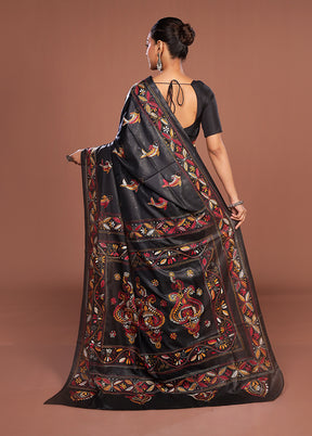 Black Kantha Stitch Silk Saree With Blouse Piece